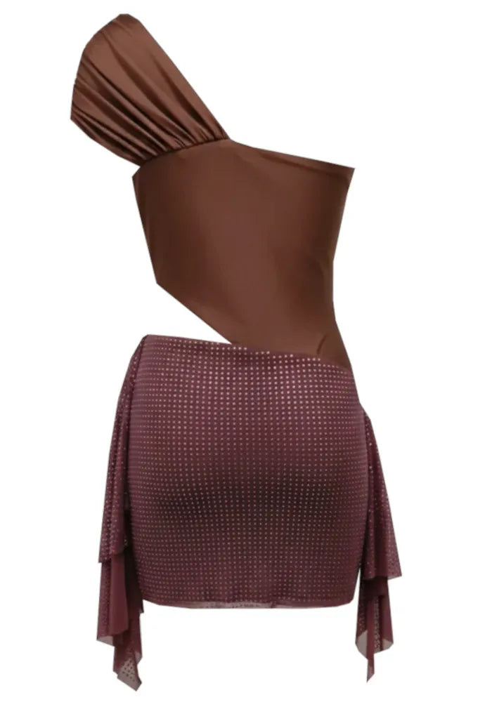 One Shoulder Draped Sparkly Dress Brown