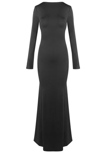 Long Sleeve Backless Buckle Maxi Dress Black