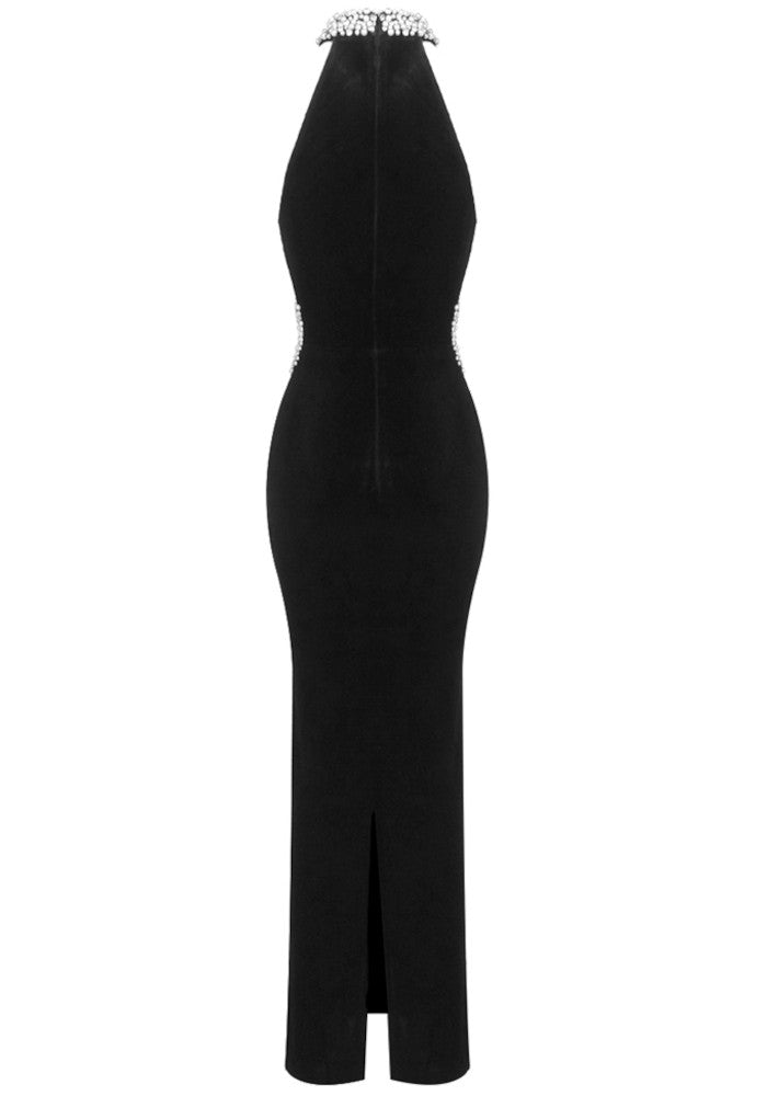 Halter Crystal Maxi Velvet Dress Black