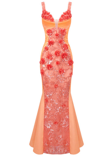Floral Sequin Maxi Dress Orange