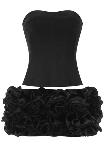 Strapless Corset Floral Ruffle Two Piece Dress Black