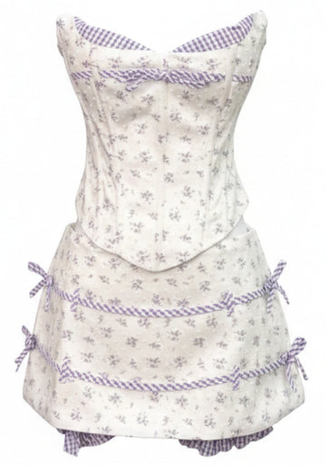 Strapless Floral Corset Two Piece Dress White Purple