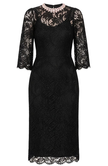 Crystal Neckline Lace Midi Dress Black
