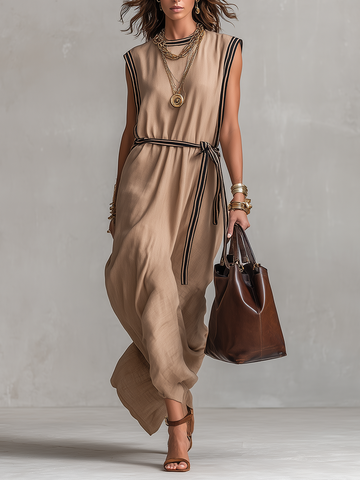Sophisticated Sand-Tone Belted Midi Dress
