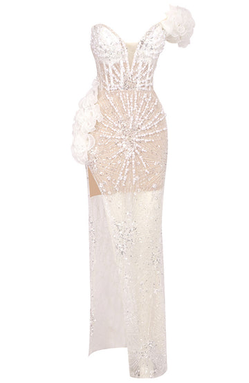 Ruffle Bardot Embellished Maxi Dress White