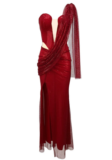 One Shoulder Draped Sparkly Maxi Dress Red