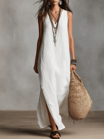 Chic White Sleeveless V-Neck Maxi Dress