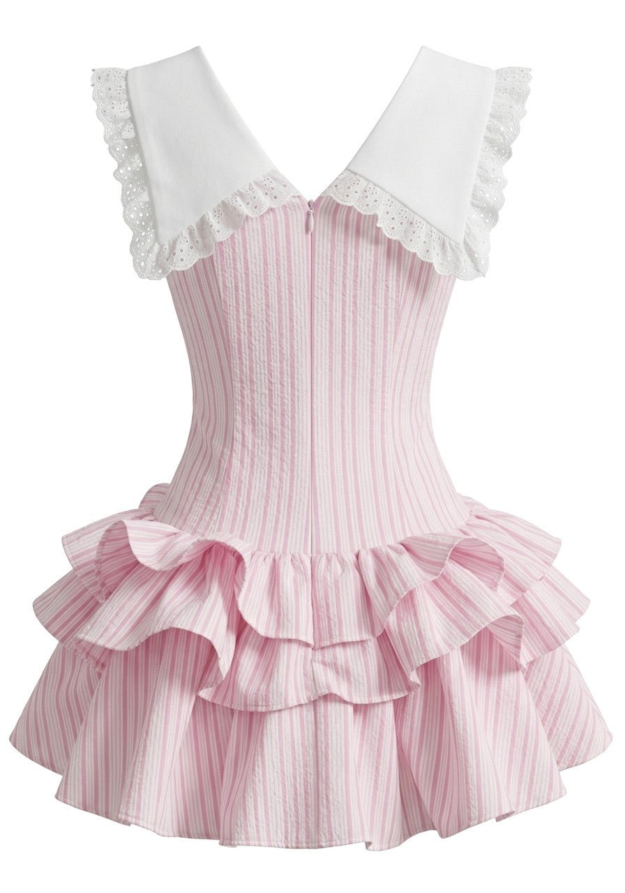 Bow Detail Striped Ruffle Dress Pink White