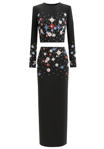 Long Sleeve Embellished Two Piece Maxi Dress Black