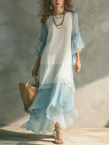 Fresh And Refreshing Light Blue Chiffon Layered Maxi Dress