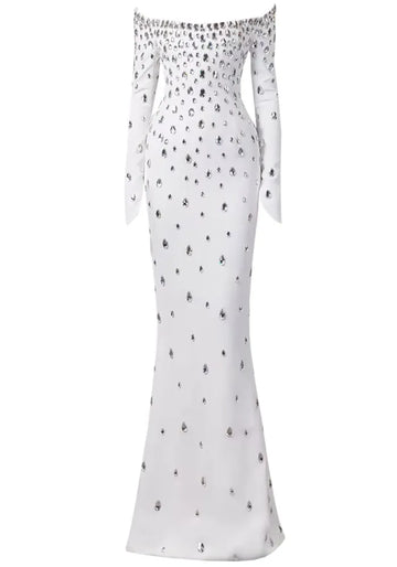 Long Sleeve Bardot Crystal Maxi Dress White