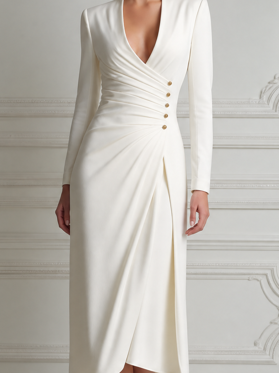 White Dress Wrap V Neck Ruched Button Slit Midi Dress