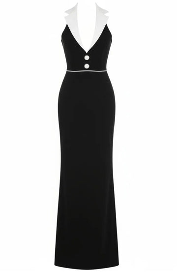 Halter Lapel Collar Maxi Dress Black White