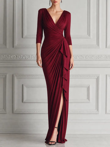 Burgundy Red Dress Fall Wedding Guest Dress Draped Slit Maxi Dress