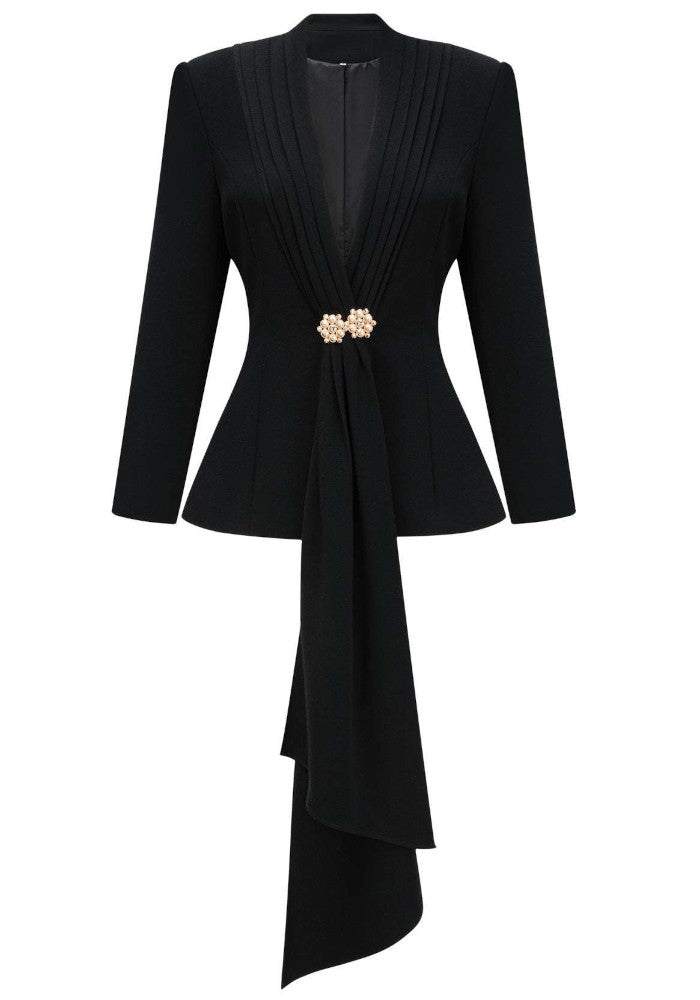 Long Sleeve Draped Detail Suit Black
