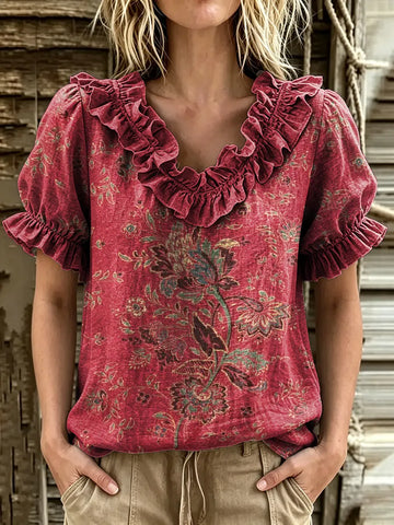 Women's Vintage Botanical Floral Print Ruffle V-Neck Puff Sleeve Top