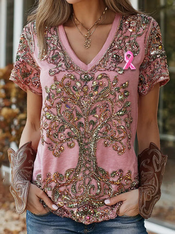 Women's Tree Of Life Breast Cancer Ribbon Casual T-shirt