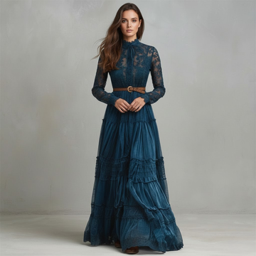 Retro V-neck Lace Linen Women's Long-sleeved Long Skirt Pastoral Style Linen Dress