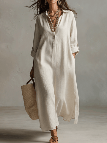 Vintage Lightweight Linen Maxi Shirt Dress In Natural Cream