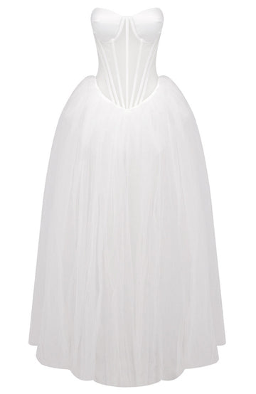 Strapless Corset A Line Maxi Dress White