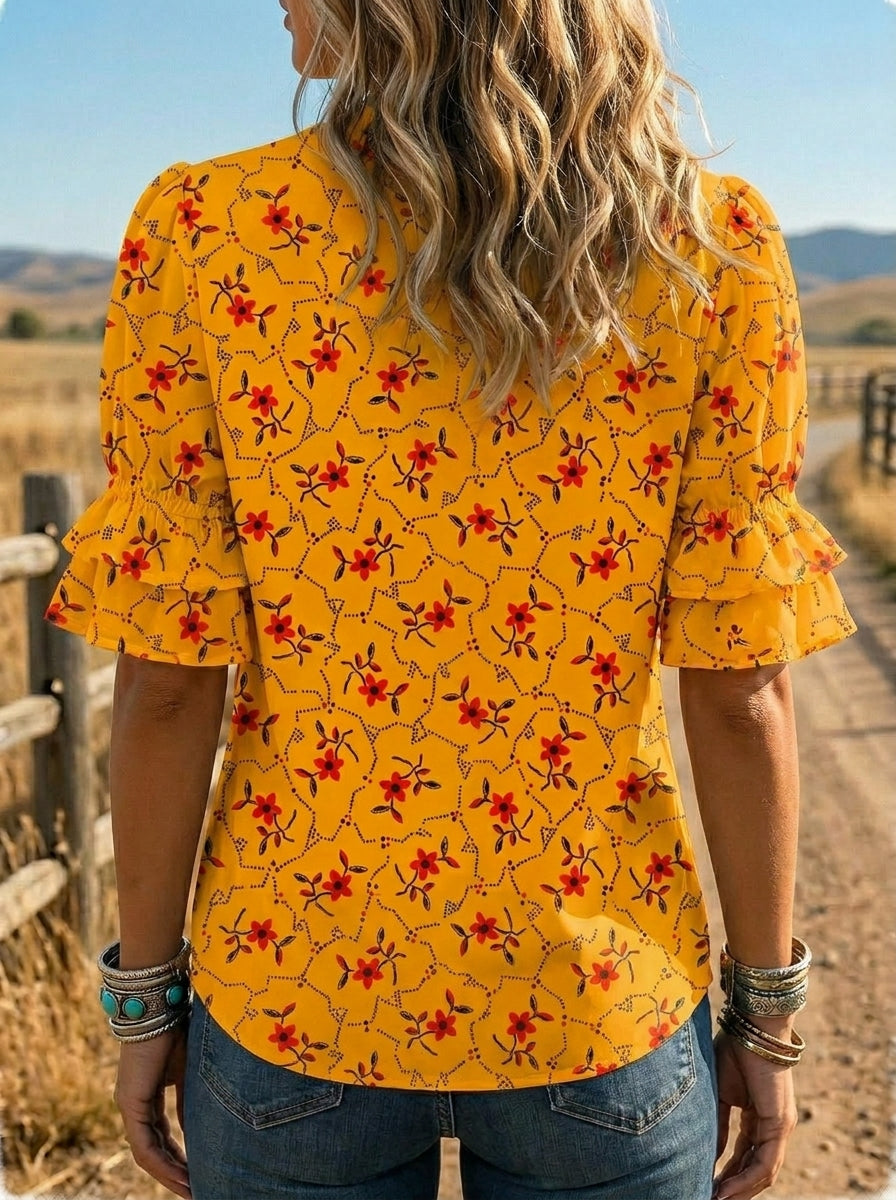 Women's Retro Floral Art Puff Sleeve Casual Shirt