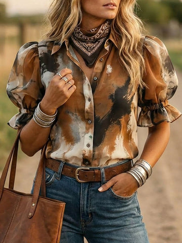 Vintage Abstract Art Print Puff Sleeve Shirt