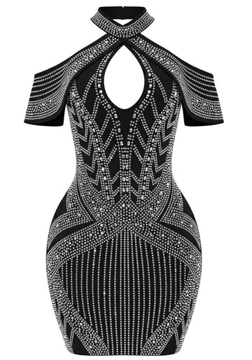 Halter Crystal Embellished Dress Black