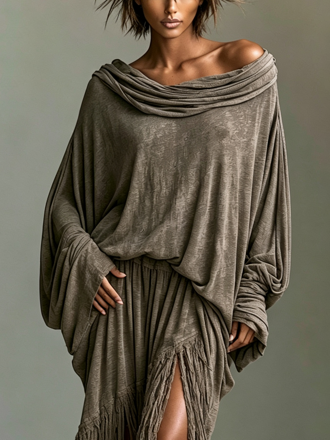Loose-Fit Batwing Sleeve Long Tassels Two-Piece Set