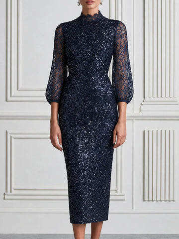 Sequin Lace Mock Neck Sheer Sleeves Midi Dress