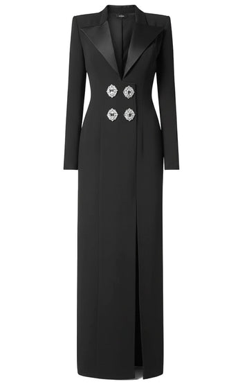 Long Sleeve Crystal Button Maxi Coat Dress Black