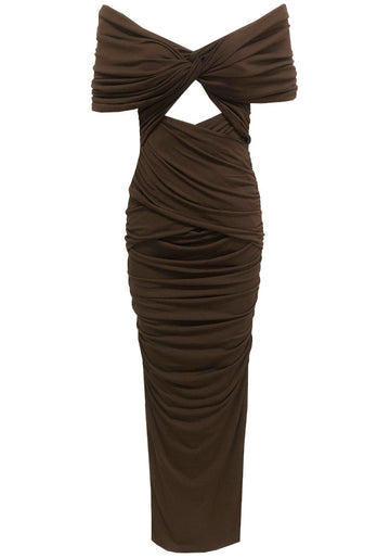 Draped Bardot Maxi Dress Brown
