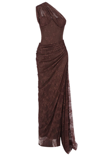 One Shoulder Draped Lace Maxi Dress Brown