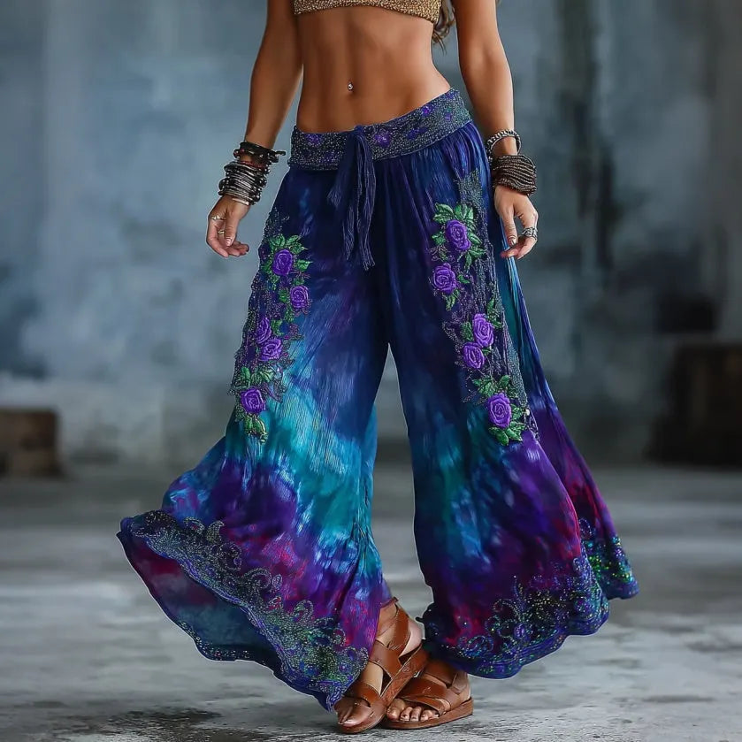 Women's Floral Art Embroidery Gradient Cotton Linen Pants