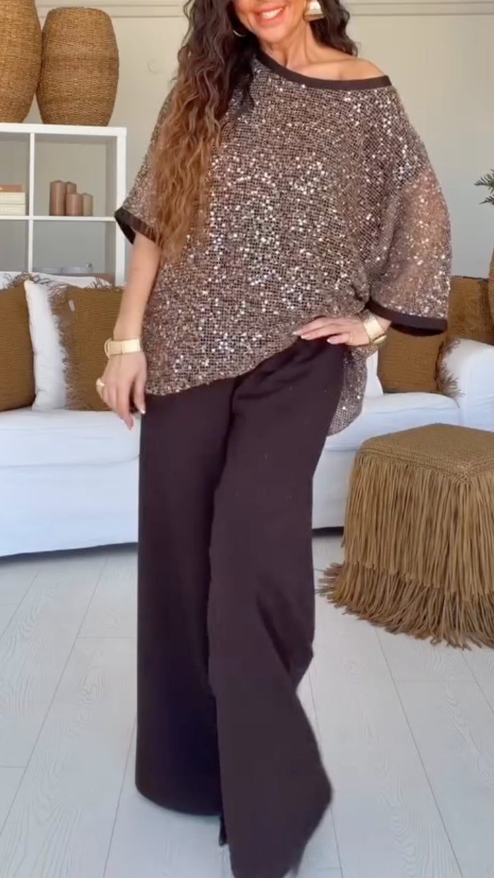 Women's Sequined Mesh Drop-Shoulder Top + Trousers Casual Set