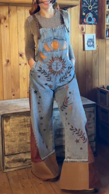 Sun Moon Star Print Patchwork Denim Dungaree Overalls