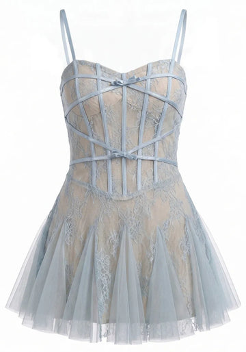 Lace Insert A Line Dress Blue