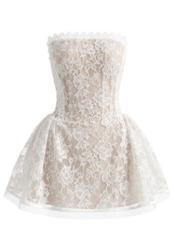 Strapless Scalloped Lace A Line Dress White