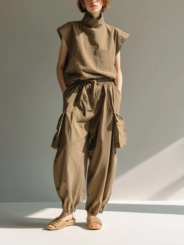 Women's Minimalist Utility-Style Cotton-Linen Set: Loose-Fit Stand-Collar Top & Cargo Pants MDZ2791D4ZJW