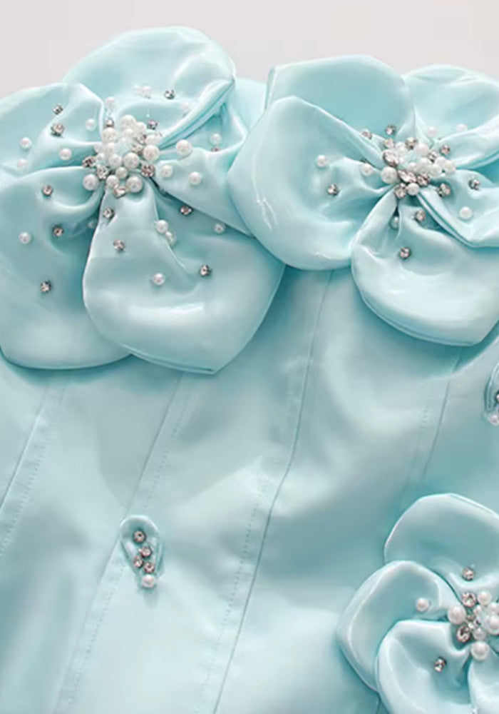 Strapless Pearl Crystal Floral Dress Turquoise