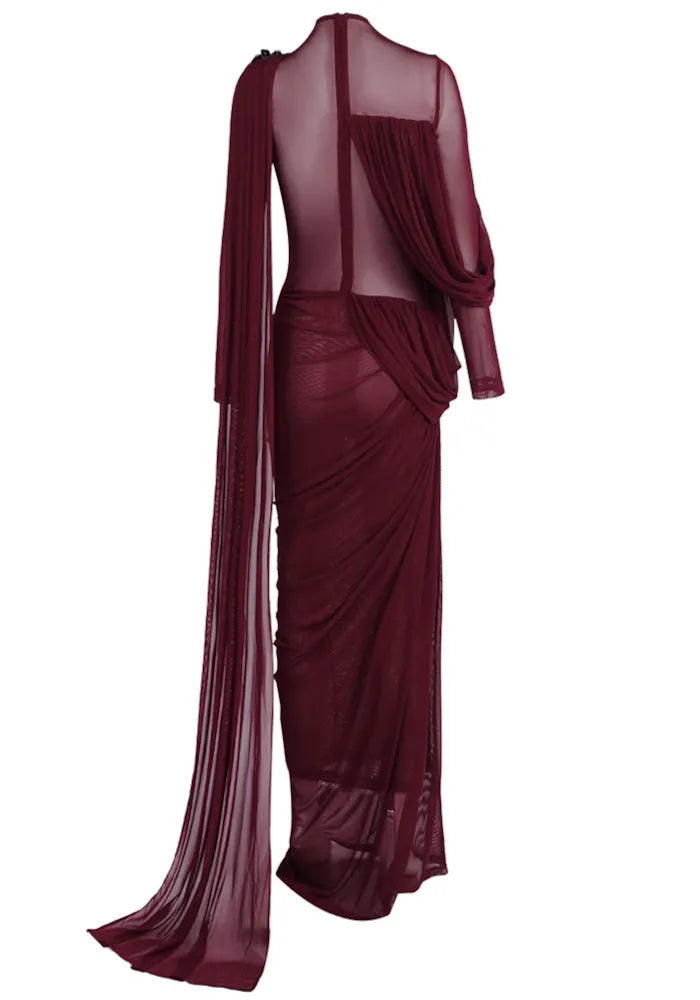 Long Sleeve Draped Mesh Maxi Dress Burgundy