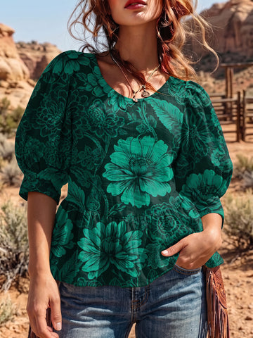 Women's Vintage Art Puff Sleeve Top