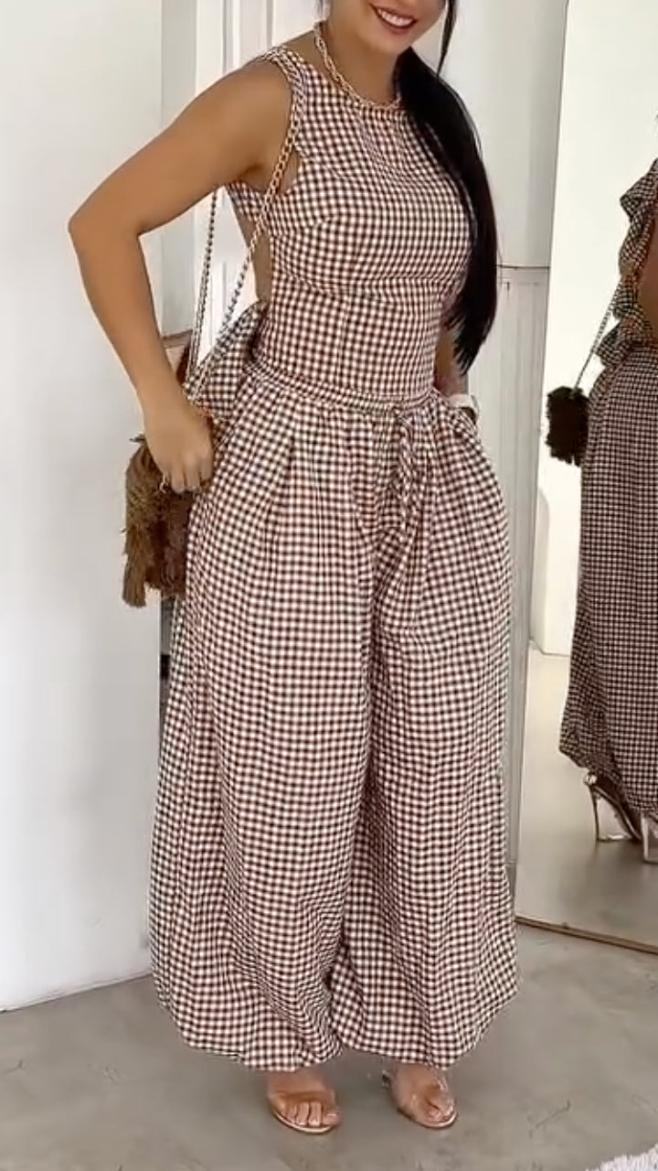 Brown Gingham Sleeveless Back Cutout Wide Leg Jumpsuit