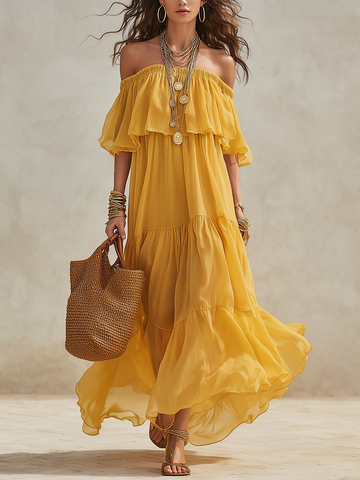 Vibrant Sunflower Yellow Off-the-Shoulder Tiered Chiffon Maxi Dress