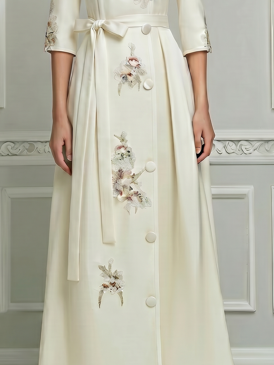 White A-Line Maxi Dress With Mandarin Collar