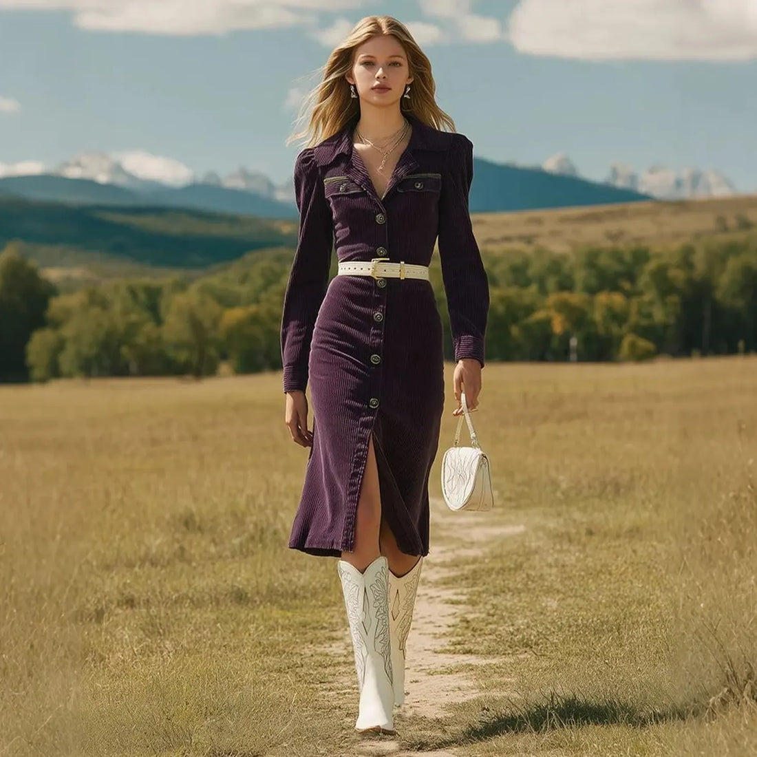 Women's Vintage Elegant Purple Corduroy Dress