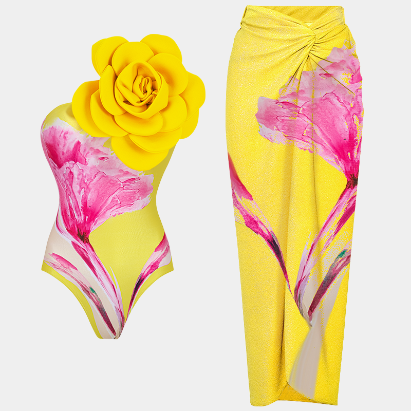 3D Flower Printed One Piece Swimsuit and Skirt