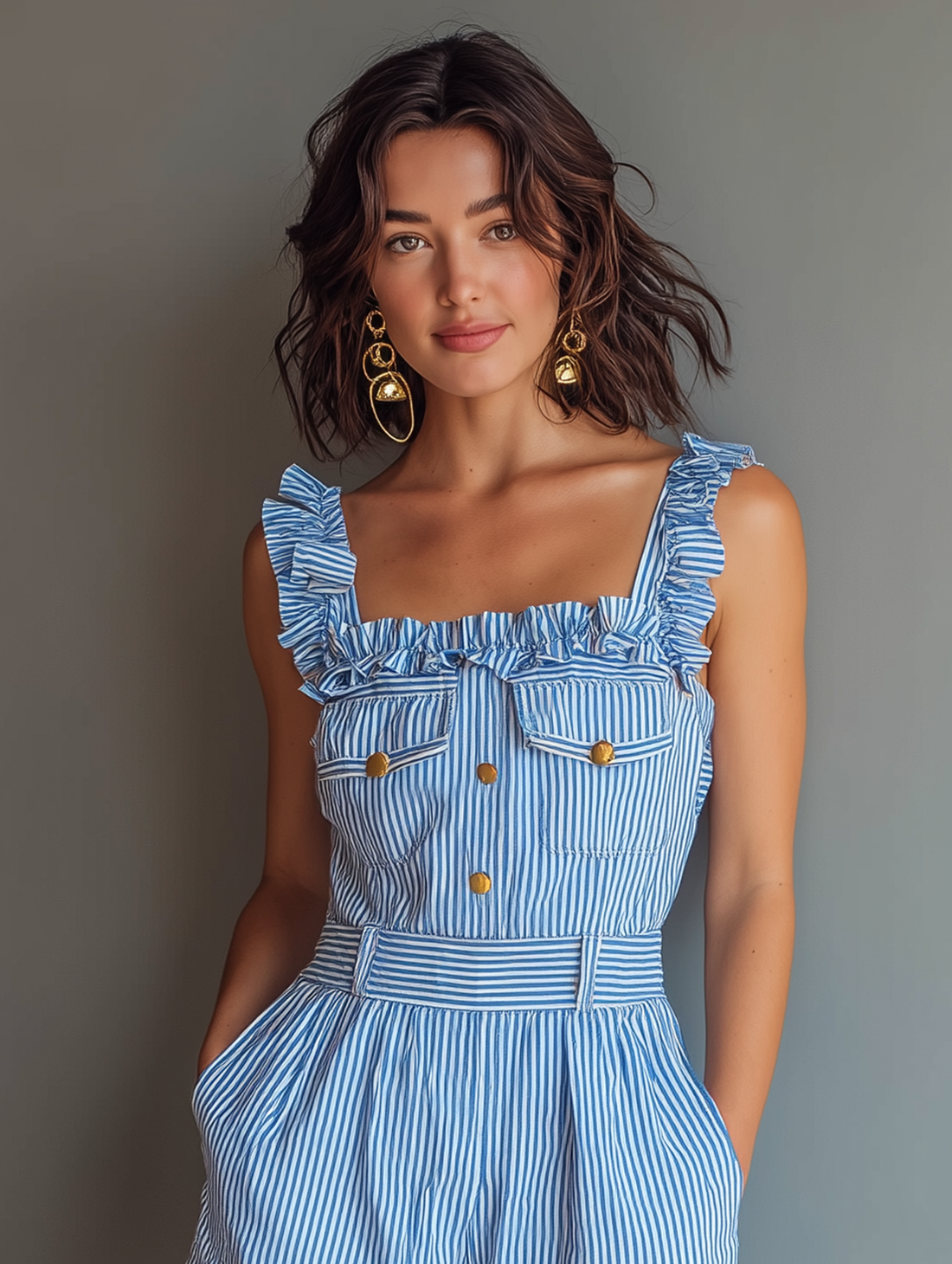 Women's Minimalist Striped Romper With Ruffled Square Neck And Straps MDZ1069D7Y