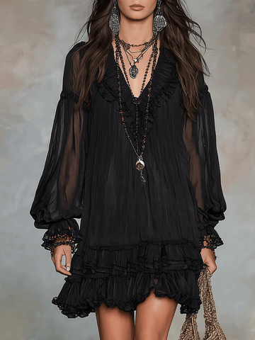Bohemian Black Chiffon Dress With Soft Ruffle Trim