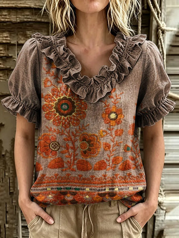 Women's Ethnic Floral Print Ruffle V-Neck Puff Sleeve Top