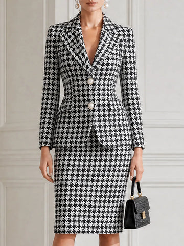 Black White Houndstooth Blazer & Pencil Skirt Business Suit